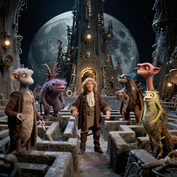 movie still from the 1 9 8 8 sequel to labyrinth by jim henson's creature shop starring realistic practical - effects wondrous creatures and humanoid aliens in a maze - like steampunk fortress on the moon. fantasy adventure.