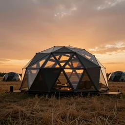 photo of innovative living pods in a field at sunset, orange and black colour palette, geodesic generative structure design