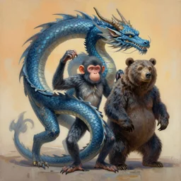 painting of hybrid between dragon!!!!!! & monkey & bear, intercrossed animal, mixture animal, by tiffany bozic, by zdzislaw beksinski, cold hue's, warm tone gradient background, concept art, beautiful composition, digital painting