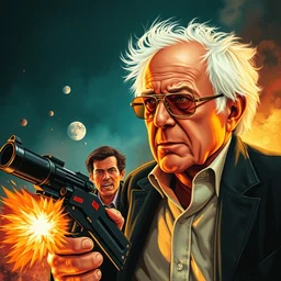 bernie sanders on an 8 0's action movie poster