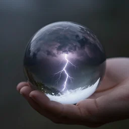 hand holding a crystal ball filled with dark storm clouds and lightning