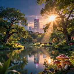 canon, 300mm, bokeh, 16k utopian Tokyo city at night future serene beautiful landscape photography of the garden of eden. lake reflections in the foreground, fruit tree's and animals everywhere. sun rays shining through the trees. lens flare. sunset, dramatic lighting by Marc Adamus on mushrooms.