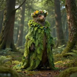 forest creature, foliage cloak, flower crown, in an open forest, by Greg Rutkowski, trending on artstation, unreal engine, 4k, digital art