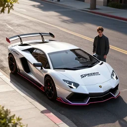 “Speed Racer’s Lamborghini Super Car with Speed racer decals and line design, neon edges on bottom of body, parked on the side of the street with Speed Racer standing next to the car, hyper realistic, photo realistic, intricate details, Rhino rendered, glossy paint, sunny, dynamic lighting, Lamborghini concept car designer art, 3Ds Max rendered, 8k”