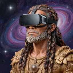 a high hyper detailed painting with many complex textures of a caveman wearing virtual reality goggles in a spiritual psychedelic cosmos