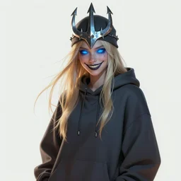 skater girl in baggy hoodie, long blonde hair, trident metal crown, dark grin, blue glowing eyes, low light underlit, highly detailed, smooth concept art, airbrush, by artgerm greg rutkowski artstation