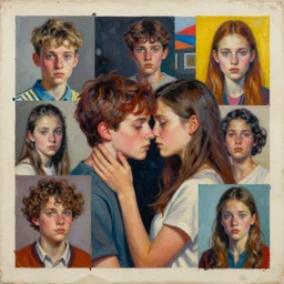 craziness of our youth and touching moments of love detailed and highly reliefed analogue collage with canvas texture in style of conteporary art, punk art, dadaism, photorealistic, expressionism, masterpiece, balanced composition, balanced and colorful, spectacular quality, trending on artstation, intricate oil details