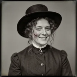 a late 1 9 th century, [ [ mischievous!! ] ], thirtysomethins years old, austro - hungarian woman ( with termed kyphosis, with wart, messy, brown hair, ( ( large black hat ) ), bun, looks like ( ( smirking cate blanchett ) ) ), daguerreotype by emil rabending