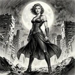 realistic, elegant, intricate detail, looking towards camera, stoic pose, scarlett johansson, afro samurai anime style, full body profile, dynamic wide angle lens, manga style, by rey bustos and greg rutkowski, pencil and ink, full moon lighting, fully clothed, in a post apocalyptic city, dramatic lighting, super accurate human anatomy!!!