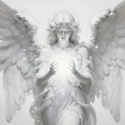 highdetailed hyperrealistic painting of white angel!!! no gender!!!, giant ball of miracle light from the chest!!!!!, white sparkles everywhere, 4 k detailed face!!!, big wings, fur effect, by jan van eyck, holography space, glow effect, large strokes, white monochrome color!!!!!, white background, silver glitters evertwhere