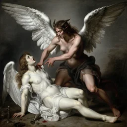 a demon attacking a bleeding angel, painting, extremely detailed, elegant, hyperrealistic, made by escher