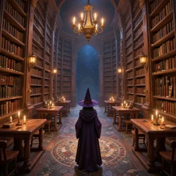 vast library, bookshelves, wooden banks, wooden tables, mosaic stone floor, passages, rat wizard, wizard hat, old wizard robe, cel shading, 3 d art, 3 d cg, digital painting, celestial, majestic, cinematic light, candles, chandelier, lanterns, soft light