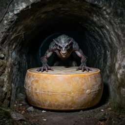 cryptid photo of a haunted cheese wheel in a dark tunnel