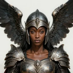a full portrait of a black female valkyrie, winged helmet, intricate, elegant, highly detailed, digital painting, japanese, artstation hyperdetailed, 8 k, realistic, symmetrical, in the style of krenz cushart, artem demura
