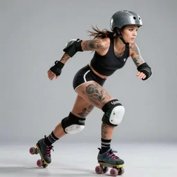 tattooed girl , roller derby girl sprinting Cross-Over, wearing skate helmet, knee pads, elbow pads,full length portrait, fishnet tights, torn, ripped, fists in the air, illustration by greg rutkowski, bright blue back lighting