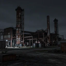 desolate industrial site at night, moody, atmospheric, hyperrealism, octane render, photorealistic concept art, highly detailed