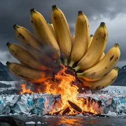 alaskan glacier on fire, dim volumetric lighting, 8 k octane beautifully detailed render, post - processing, extremely hyper - detailed, intricate, epic composition, giant bananas natural disaster, cinematic lighting, masterpiece, trending on artstation, detailed detailed detailed, masterpiece, stunning art by anders zorn, wonderful masterpiece by greg rutkowski, beautiful cinematic light, american romanticism by greg manchess, jessica rossier n - 6