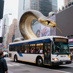 “ a giant snake trying to swallow a bus on the time square NY with scared and screaming people inside 4k”
