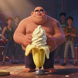 the notorious b. i. g. as a banana split ice cream, animation pixar style, shaded lighting poster by magali villeneuve, artgerm, jeremy lipkin and michael garmash, rob rey and kentaro miura style, trending on art station