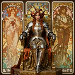 full figure portrait of a beautiful mysterious woman warrior in armour with flowery headgear sitting on a throne, by eve ventrue, michael carson, andreas rochas, john watkiss, casey weldon, artgerm. art nouveau. tarot card by mucha. gloomhaven. swirly intricate linework background. gaudy colors, sharp edges. octane render