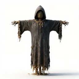 hooded living scarecrow, high detail digital art, full body, standing, isolated on a pure white background, centered, whole figure in frame, sharp focus, studio lighting