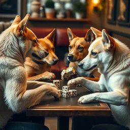 photo of 4 humanoid dogs playing dice games, ultra detail, casual setting