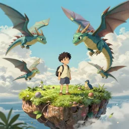 boy in the island with flyling dragons around in ghibli artstyle, high detal, smooth, 8k,