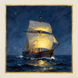 lone ship in the ocean at night by disney concept artists, sketches, godly light, blunt borders, golden ratio