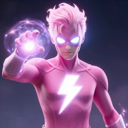 a superhero with white eyes and a pink suit with a whites lightening bolt on his chest. shoots pure energy rings from his head. marvel universe. great hair. cinematic. 4 k. artstation