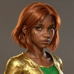 An sci-fi comic book style portrait painting of a short, dark-skinned, slender girl wearing a gold and green shirt with short auburn hair that comes almost to her shoulders with brown eyes that look almost black with flecks of gold in them. The girl has a medium-sized scar on the upper right side of her head, unreal 5, DAZ, hyperrealistic, octane render, cosplay, RPG portrait, dynamic lighting
