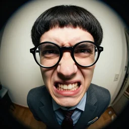 an annoying nerd, buck teeth, bowl cut, fisheye lens