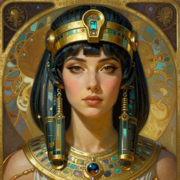 realistic detailed face portrait of a beautiful futuristic egyptian warrior godess in alien cyberpunk armor by alphonse mucha, ayami kojima, amano, greg hildebrandt, and mark brooks, female, feminine, art nouveau, cyberpunk, stargate, neo - gothic, gothic, character concept design