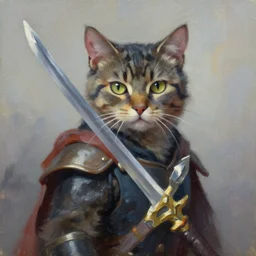 cat swordman, brush strokes, oil painting