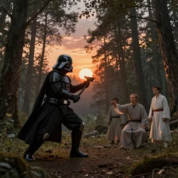 sunset breaks through the forest, Dart Vader is fighting Jedis, painting in style of Ivan Shishkin, hypermaximalistic, high details, cinematic, 8k resolution, beautiful detailed, insanely intricate details, artstation trending, octane render, unreal engine,