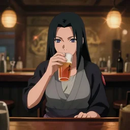 Tsunade from the live action Naruto movie, drinking at a bar at night. center frame medium shot, shot on technicolor cinemascope 35mm anamorphic lense, flare, still from a movie