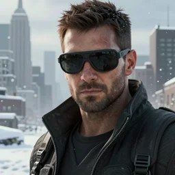 close up of an agent from (Tom Clancy's The Division), snowy new york in background, high detail, digital art, trending on artstation, by Tom Garden