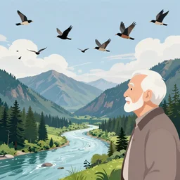 A majestic landscape featuring a river, mountains and a forest. A group of birds is flying in the sky. There is an old man with a dog standing next to him. The man is wearing a backpack. They are both staring at the sunset. Cinematic, very beautiful, painting in the style of firewatch