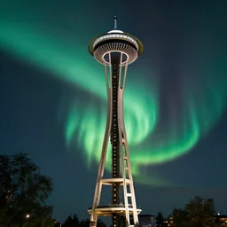 brilliant beautiful aurora over seattle space needle long exposure film