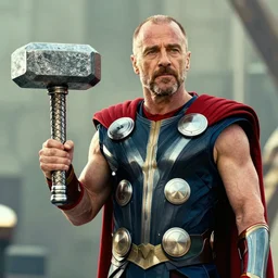 saul goodman wearing thor's outfit holding mjolnir., cinematic, dramatic, color grading, photojournalism, highly detailed