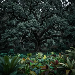 A landscape shot of a mystical dark forest. A giant oak tree is in the middle of the forest. The forest has a lot of vibrant plants, art by Sylvain Sarrailh