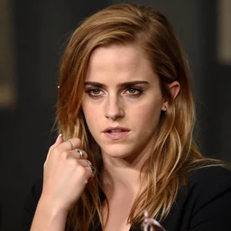 A photo of tough looking emma watson. she has rings on his fingers. 50 mm.