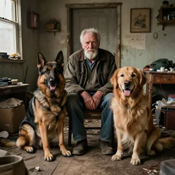 a picture of an old man with 2 giant dogs next to him living in a small messy apartment, German shepard and a golden retriever, midwestern redneck life, sharp edges, realistic image, 8k UHD, arnold render, realism, dramatic, HD, high details, poverty