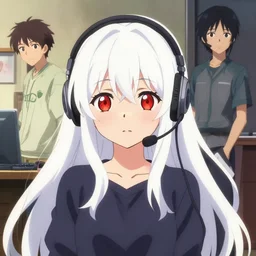 poster by ilya kuvshinov, yoh yoshinari, makoto shinkai, katsuhiro otomo, ( ( ( ( anime visual of a cute girl, with red eyes! and long white hair!!!! wearing a headset in her room interior ) ) ) )