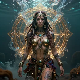 a centered render of an mytical festival hippy with tribal tattoos wearing intricate metallic clothing surrounded by a underwater ink pour and flowing liquid gallium and sacred geometry, perfect body and face, gorgeous, cinematic, beautifully lit, by alberto seveso, by zack snyder, by donato giancola, 3 d, trending on artstation, octane render, 8 k