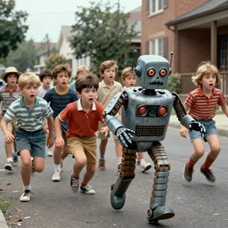 in the style of 1960s, A scary robot is chasing after a bunch of scared kids down the street, fully detailed , fully detailed kids faces in focus