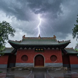 ! dream a shaolin temple in the rain, thunder, ultra realistic, canon eos r 3, f / 1. 4, iso 2 0 0, 1 / 1 6 0 s, 8 k, raw, unedited, symmetrical balance, in - frame