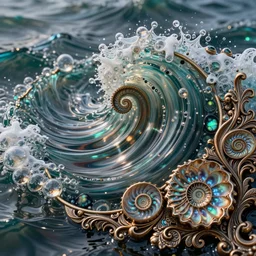 art nouveau cresting oil slick waves, druzy geode, hyperdetailed bubbles in a shiny iridescent oil slick wave, ammolite, black opals, rococo, organic rippling spirals, octane render, 8 k 3 d, spirals, glistening seafoam, abalone, ammonite, bronze patina filigree
