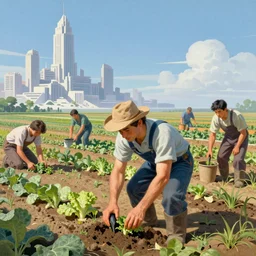 a mixed media closeup portrait painting of a gardener in overalls planting a field of vegetable crops, minimalist, a ruined futuristic art deco city sits in the distance, by frank frazetta, greg rutkowski, beeple, yoko taro, christian macnevin, beeple, wlop and krenz cushart, epic fantasy character art, volumetric outdoor lighting, midday, high fantasy, cgsociety, cheerful colours, full length, exquisite detail, post - processing, masterpiece, cinematic