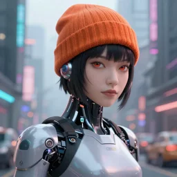 Cyberpunk Female Asian Robot Cyborg wearing a orange beanie in a cyberpunk city