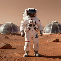 an astronaut on Mars with biodomes in the background, 4k, octane render